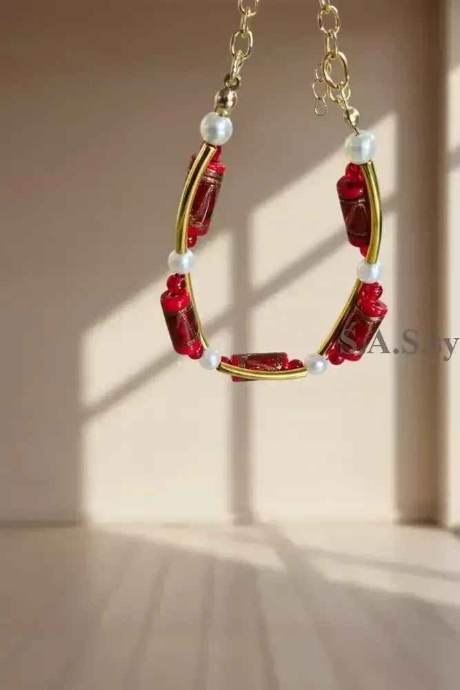 Red Glass Bead Pearl Wave Bracelet Gold - Sassy by Sharmin Aziz