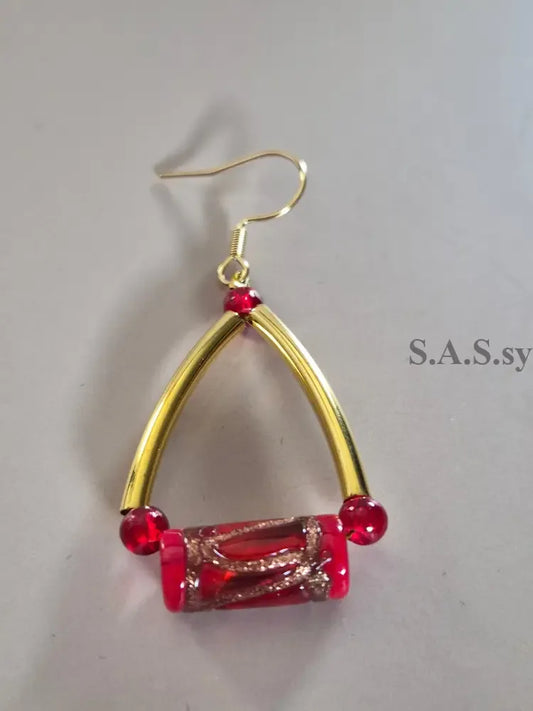Red Delta Earrings - Red Glass Bead Triangle Dangle Earrings - Sassy by Sharmin Aziz