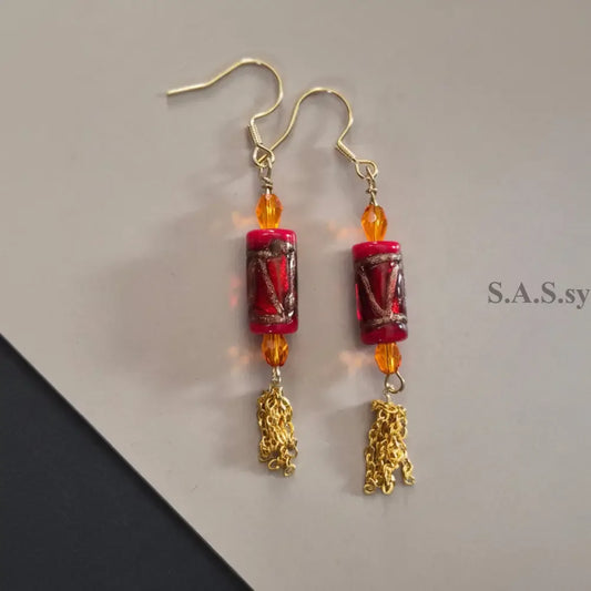 Red Chain Earrings - Red Glass Bead Orange Crystal Chain Dangle Earrings - Sassy by Sharmin Aziz
