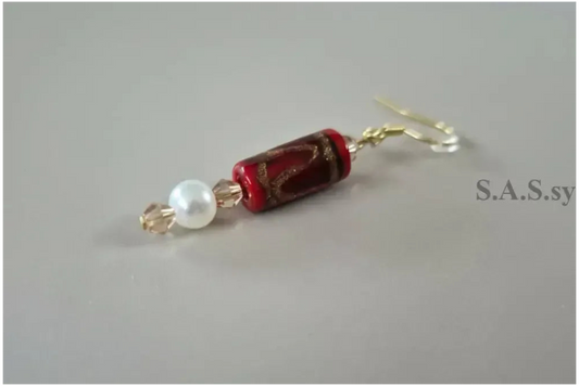 Red Pearl Drop Earrings - Red Glass Bead Crystal Dangle Earrings Gold - Sassy by Sharmin Aziz