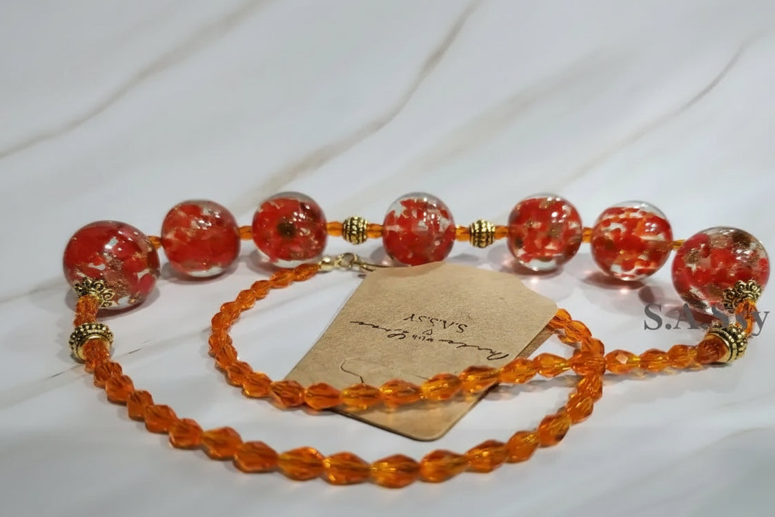 Large Red glass bead and Orange teardrop beaded Statement Necklace - Sassy by Sharmin Aziz