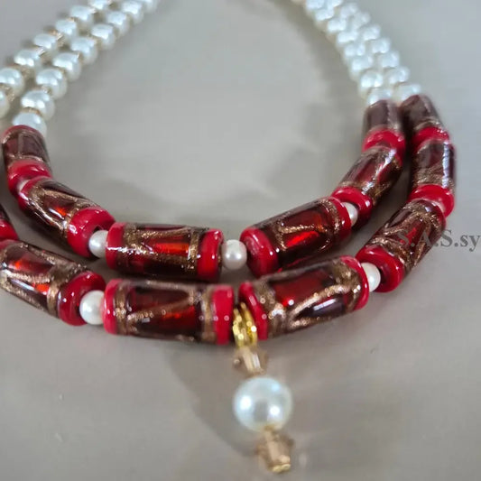 Deep Red Double Strand Necklace - Red Glass Pearl & Crystal Necklace - Sassy by Sharmin Aziz
