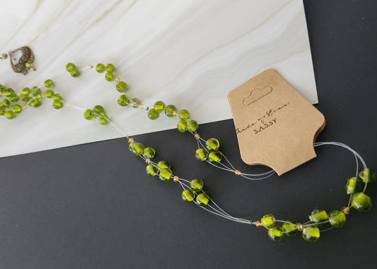 Olive Green Glass Bead Floating Necklace - Sassy by Sharmin Aziz