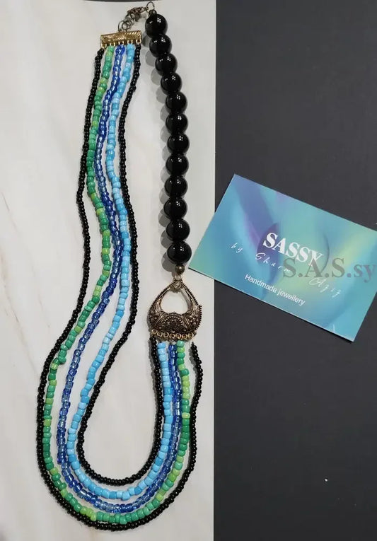 Black, Blue and Green Multi Strand Necklace - Sassy by Sharmin Aziz