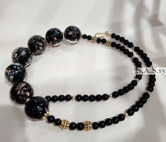 Black Onyx and Glass Beaded Lavalier Necklace - Sassy by Sharmin Aziz