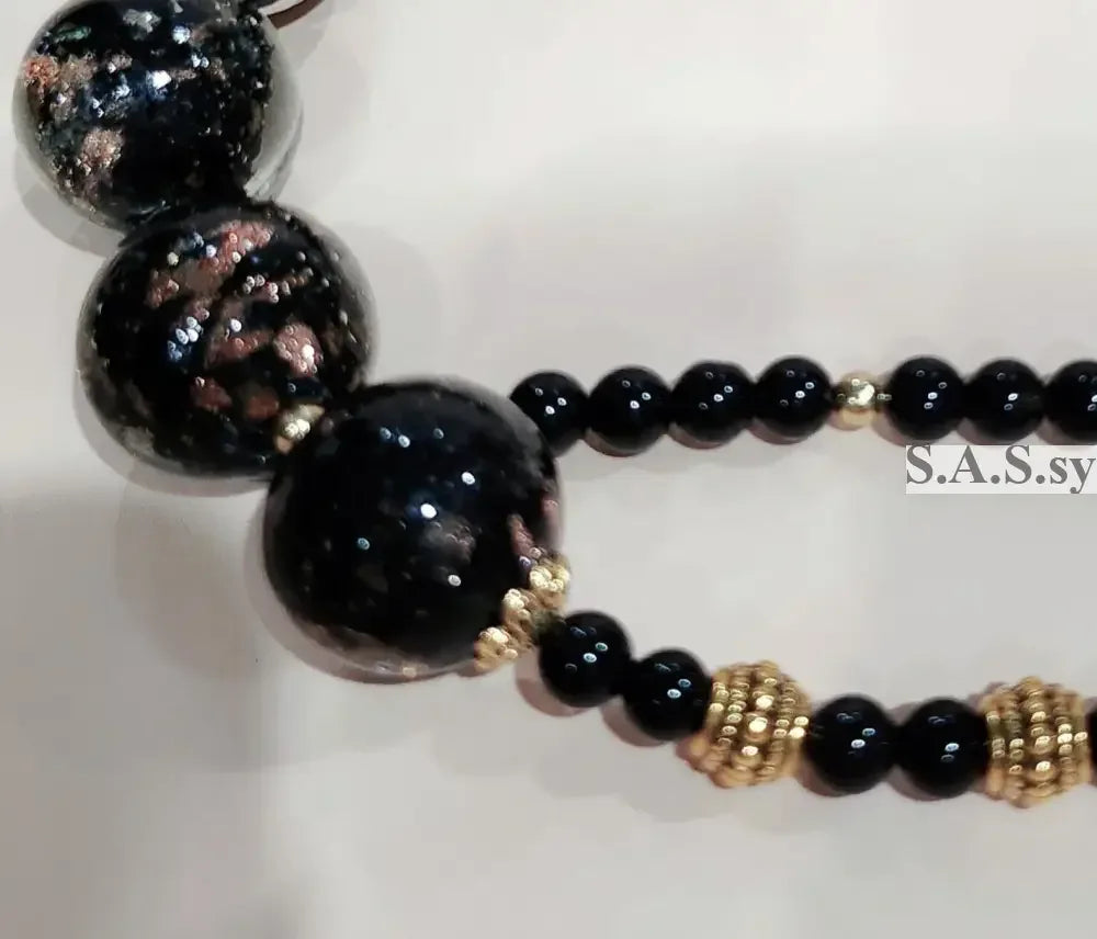 Close up of Black Onyx and Glass Beaded Lavalier Necklace - Sassy by Sharmin Aziz
