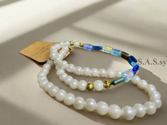 Glass pearl-and-multi coloured rectangle Czech glass bead-strand-necklace - Sassy by Sharmin Aziz