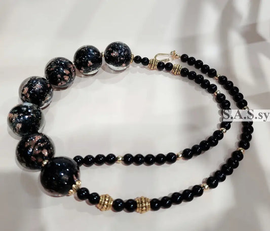 Black Onyx and Glass Beaded Lavalier Necklace N13 Necklace