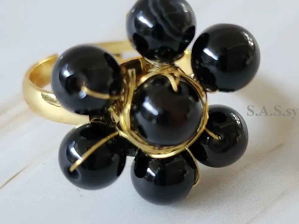 Black Onyx Flower Ring R02