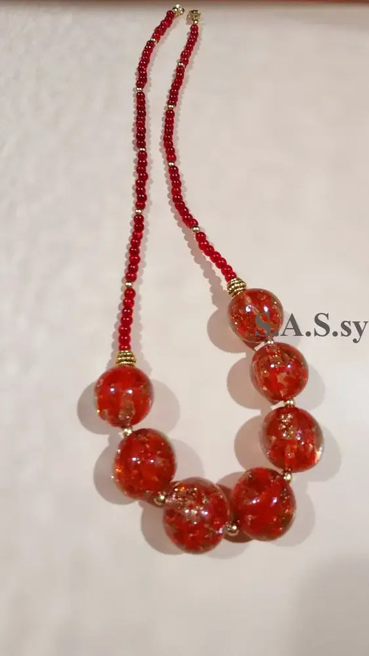 Red Glass Bead and Gemstone Necklace N02