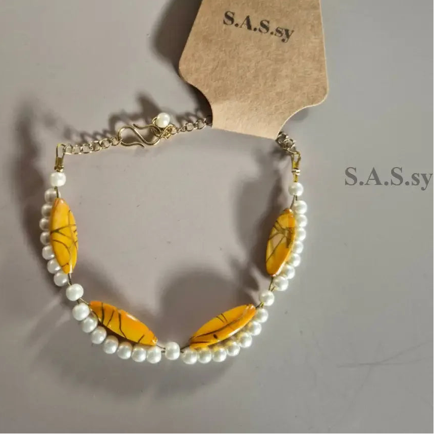 Yellow Shell & Pearl Gold Chain Bracelet - Sassy by Sharmin Aziz