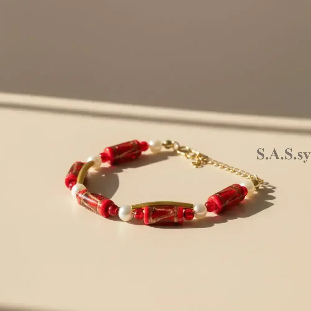  Red Glass Bead Pearl Wave Bracelet Gold - Sassy by Sharmin Aziz