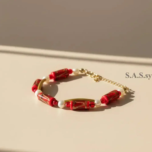  Red Glass Bead Pearl Wave Bracelet Gold - Sassy by Sharmin Aziz