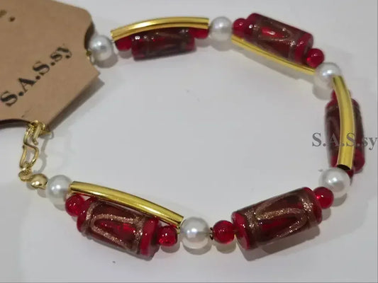  Red Glass Bead Pearl Wave Bracelet Gold - Sassy by Sharmin Aziz
