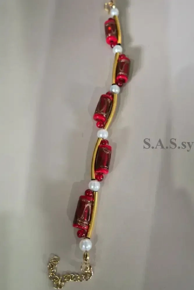 Red Glass Bead Pearl Wave Bracelet Gold - Sassy by Sharmin Aziz
