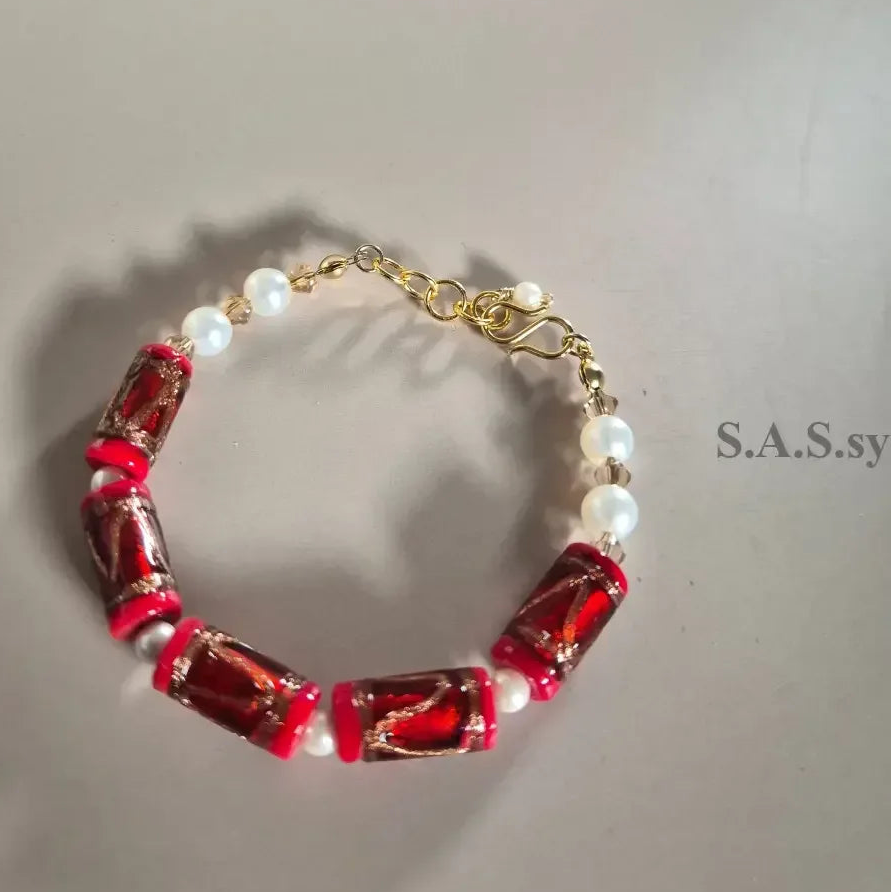 Red Pearl Drop Bracelet - Red Glass Bead Pearl Bracelet Gold - Sassy by Sharmin Aziz