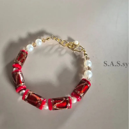 Red Pearl Drop Bracelet - Red Glass Bead Pearl Bracelet Gold - Sassy by Sharmin Aziz