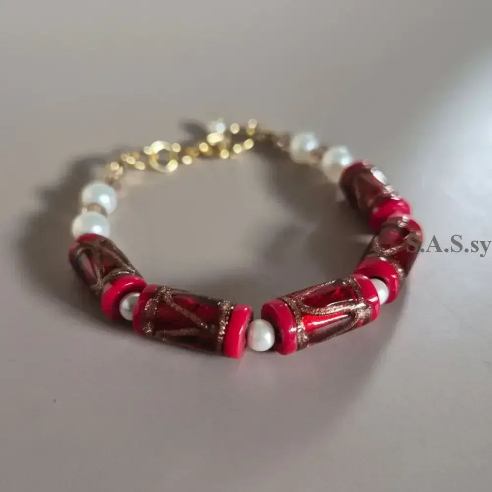 Red Pearl Drop Bracelet - Red Glass Bead Pearl Bracelet Gold - Sassy by Sharmin Aziz