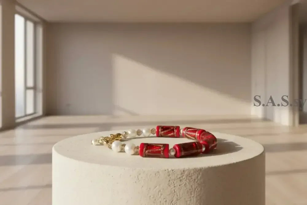Red Pearl Drop Bracelet - Red Glass Bead Pearl Bracelet Gold - Sassy by Sharmin Aziz