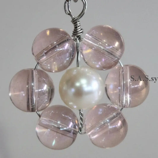 Pair of earrings with clear pink beads and a central pearl on a light background