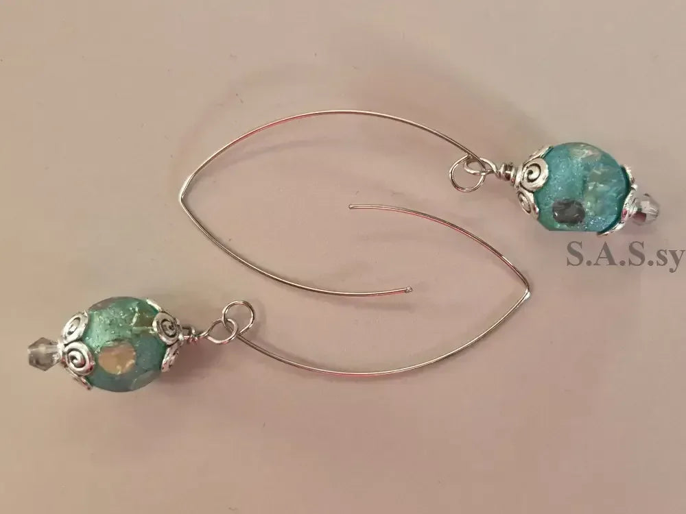Sea Green Dot Hoop Earrings - Handcrafted Glass Bead Statement Hoops - Sassy by Sharmin Aziz