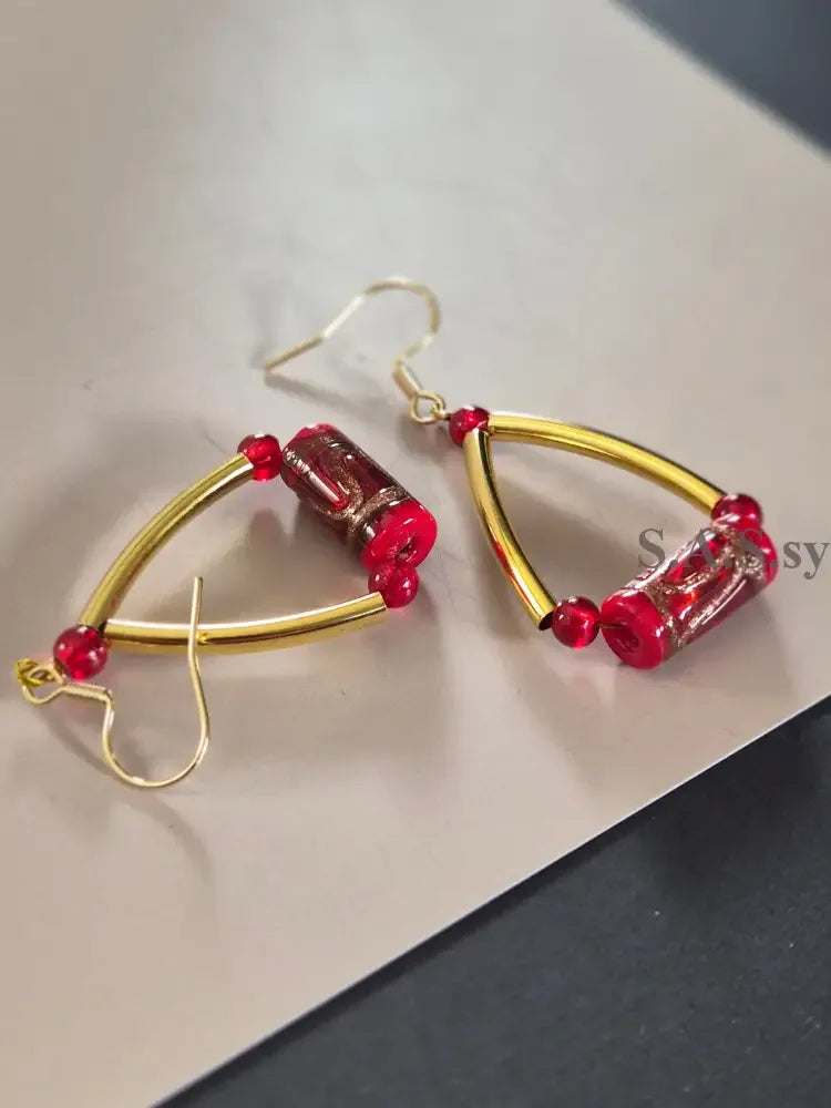 Red Delta Earrings - Red Glass Bead Triangle Dangle Earrings - Sassy by Sharmin Aziz