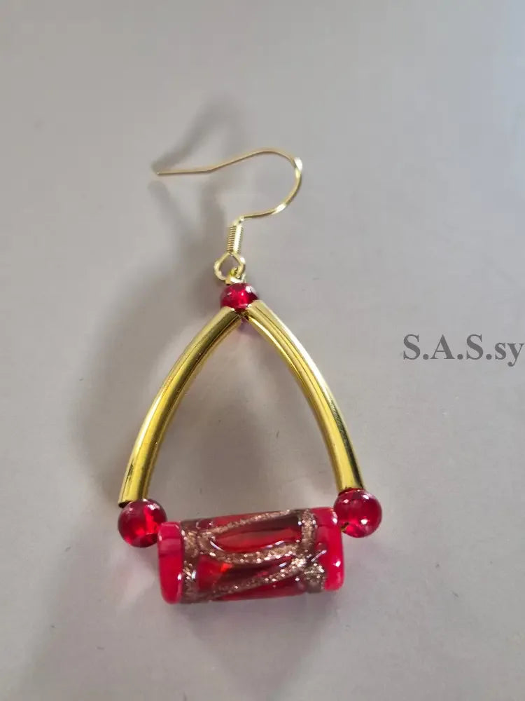 Red Delta Earrings - Red Glass Bead Triangle Dangle Earrings - Sassy by Sharmin Aziz