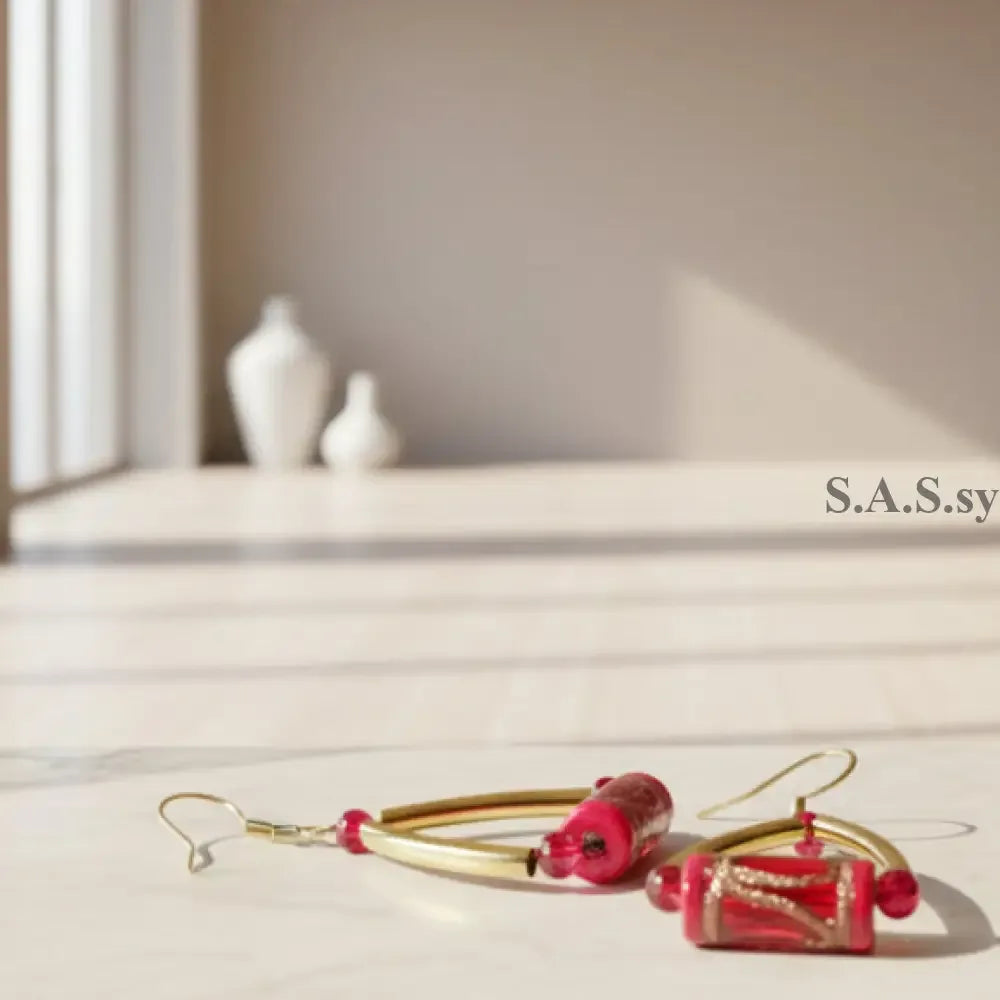Red Delta Earrings - Red Glass Bead Triangle Dangle Earrings - Sassy by Sharmin Aziz