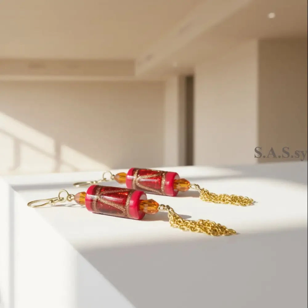 Red Chain Earrings - Red Glass Bead Orange Crystal Chain Dangle Earrings - Sassy by Sharmin Aziz