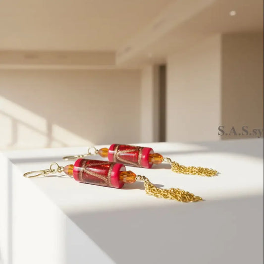 Red Chain Earrings - Red Glass Bead Orange Crystal Chain Dangle Earrings - Sassy by Sharmin Aziz