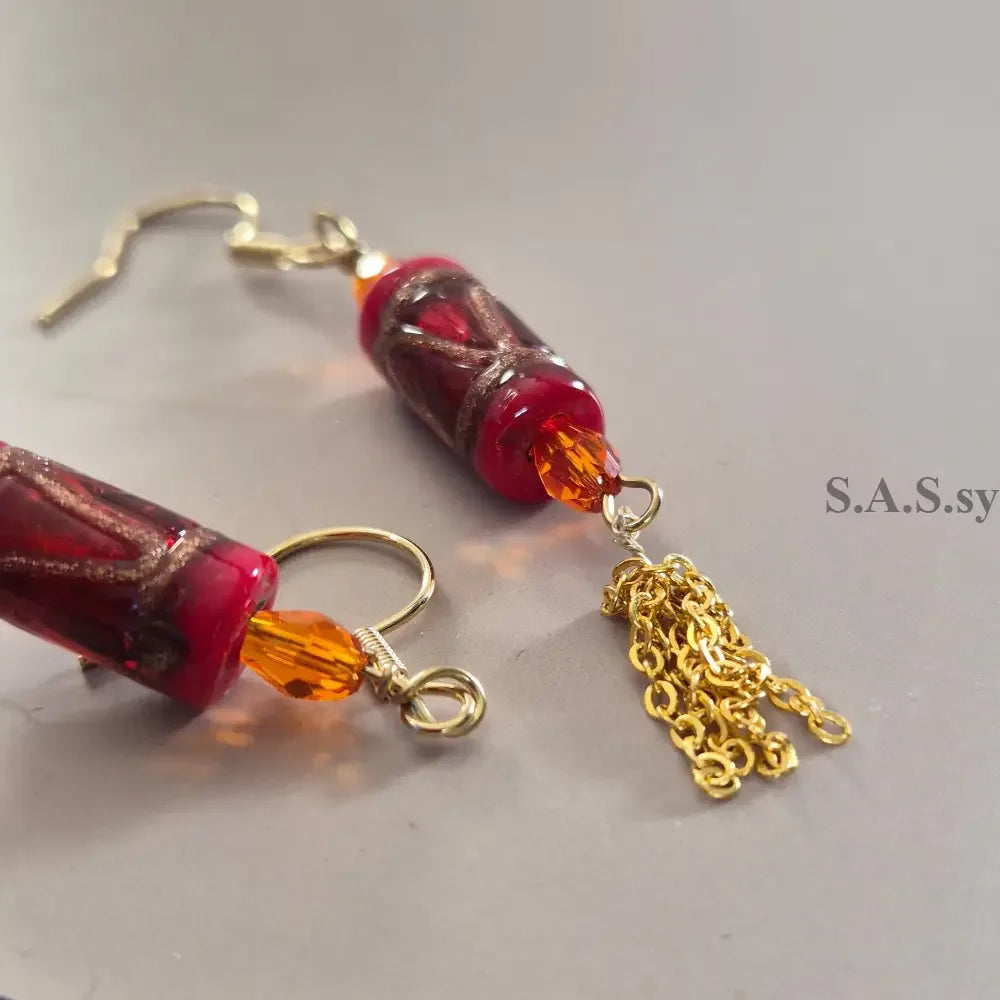 Red Chain Earrings - Red Glass Bead Orange Crystal Chain Dangle Earrings - Sassy by Sharmin Aziz