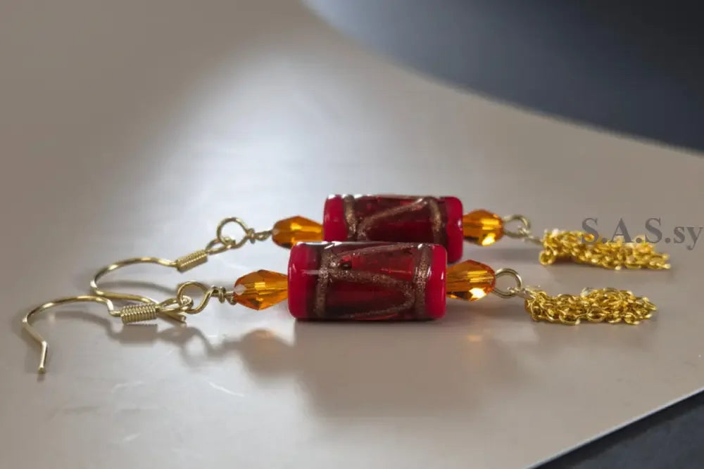 Red Chain Earrings - Red Glass Bead Orange Crystal Chain Dangle Earrings - Sassy by Sharmin Aziz