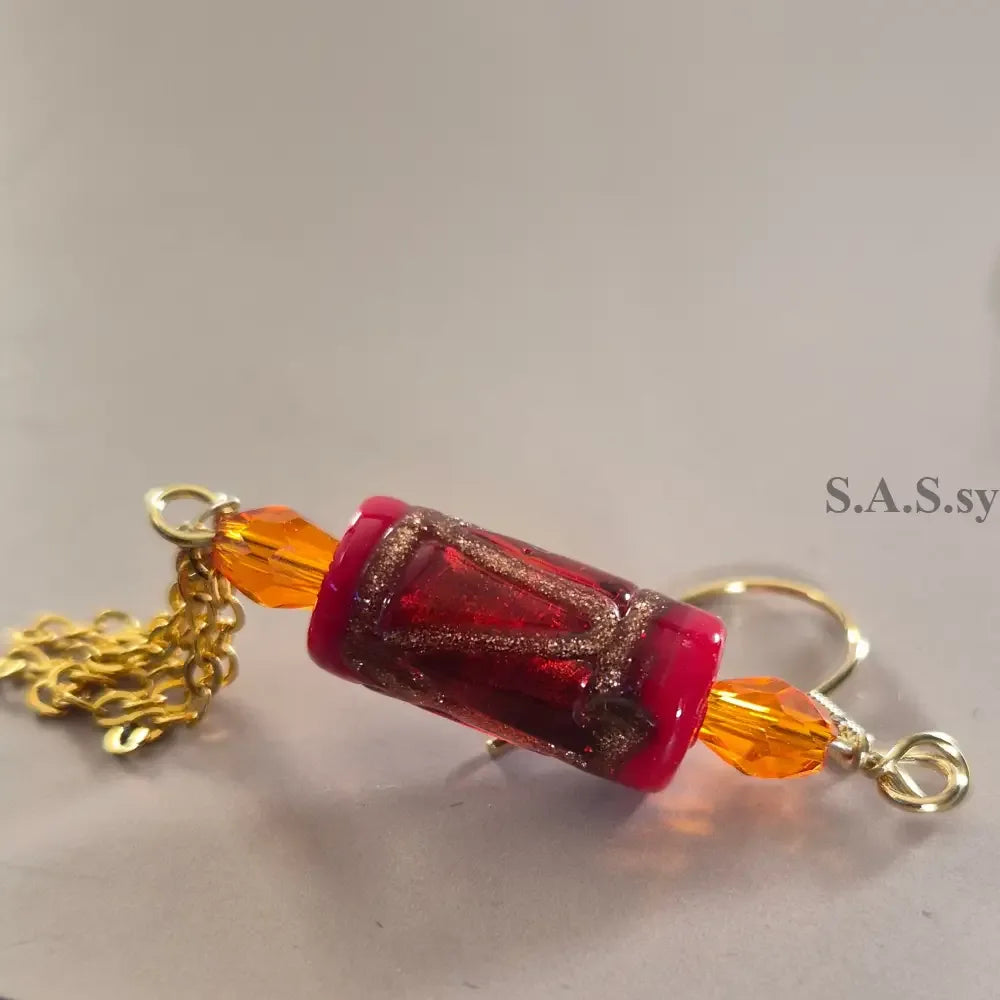 Red Chain Earrings - Red Glass Bead Orange Crystal Chain Dangle Earrings - Sassy by Sharmin Aziz