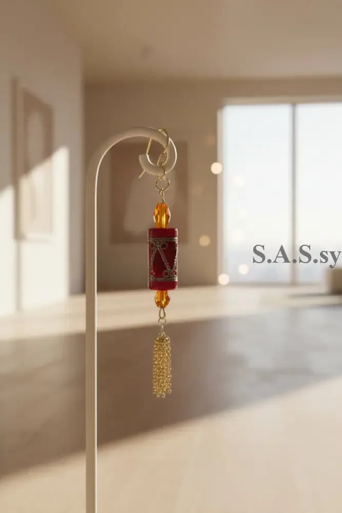 Red Chain Earrings - Red Glass Bead Orange Crystal Chain Dangle Earrings - Sassy by Sharmin Aziz