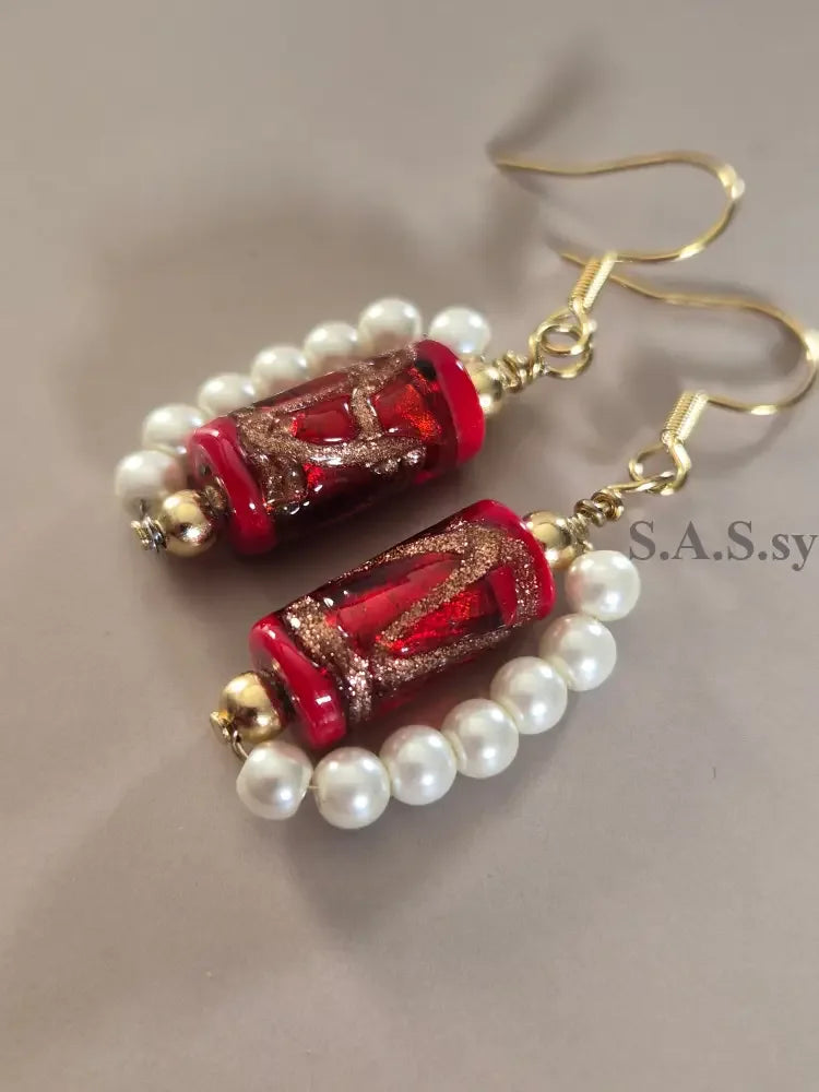 Red Glass Pearl Dangle Earrings - Sassy by Sharmin Aziz