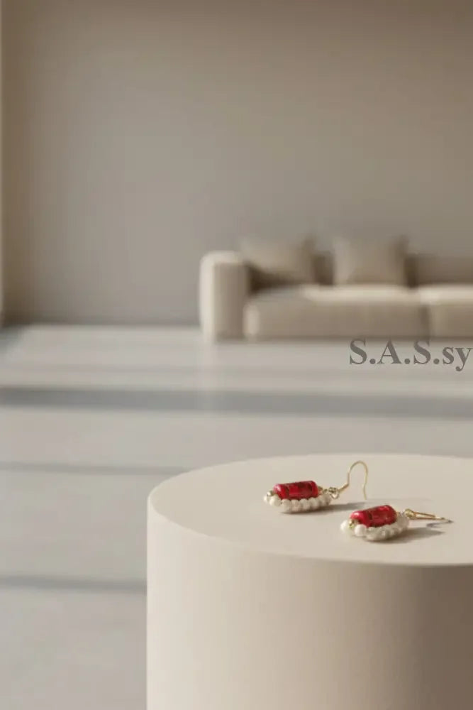 Red Glass Pearl Dangle Earrings - Sassy by Sharmin Aziz