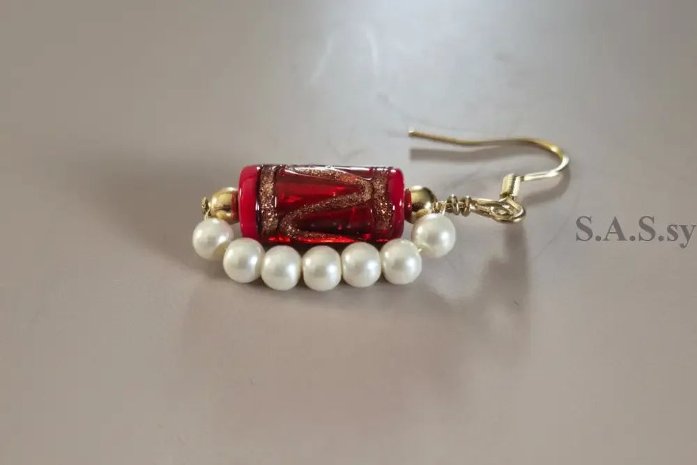 Red Glass Pearl Dangle Earrings - Sassy by Sharmin Aziz