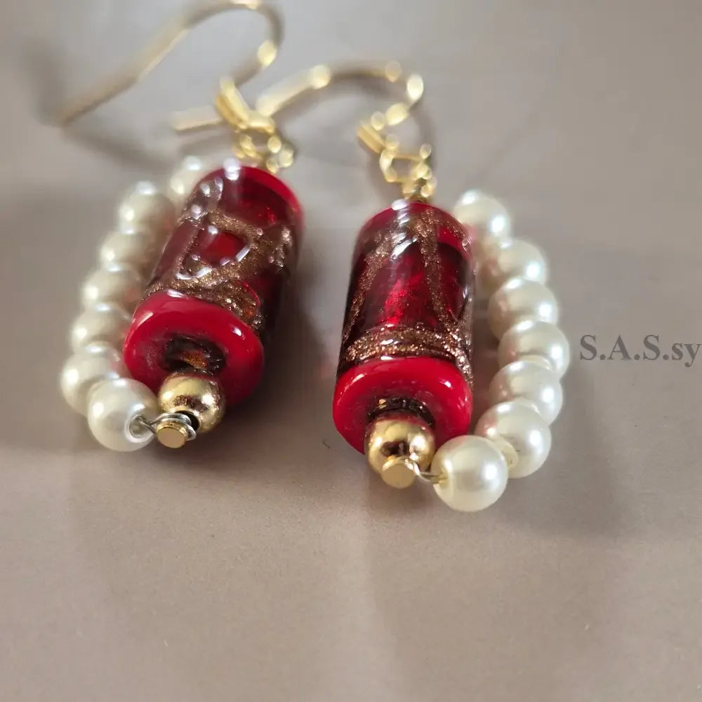 Red Glass Pearl Dangle Earrings - Sassy by Sharmin Aziz