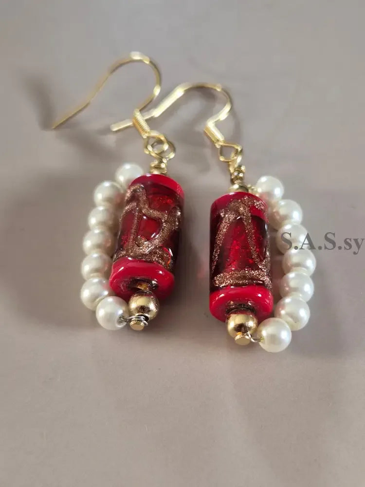 Red Glass Pearl Dangle Earrings - Sassy by Sharmin Aziz