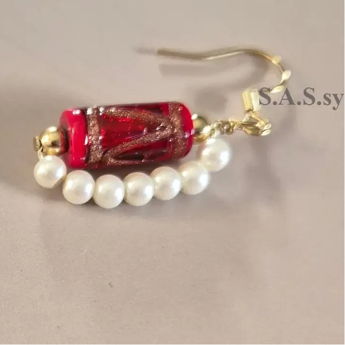 Red Glass Pearl Dangle Earrings - Sassy by Sharmin Aziz