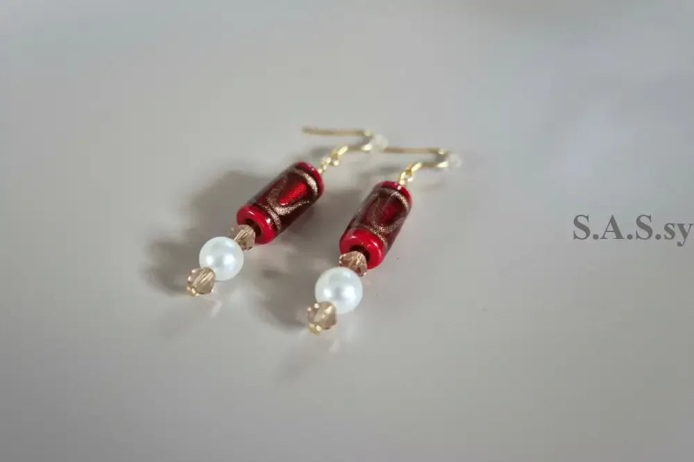 Red Pearl Drop Earrings - Red Glass Bead Crystal Dangle Earrings Gold - Sassy by Sharmin Aziz
