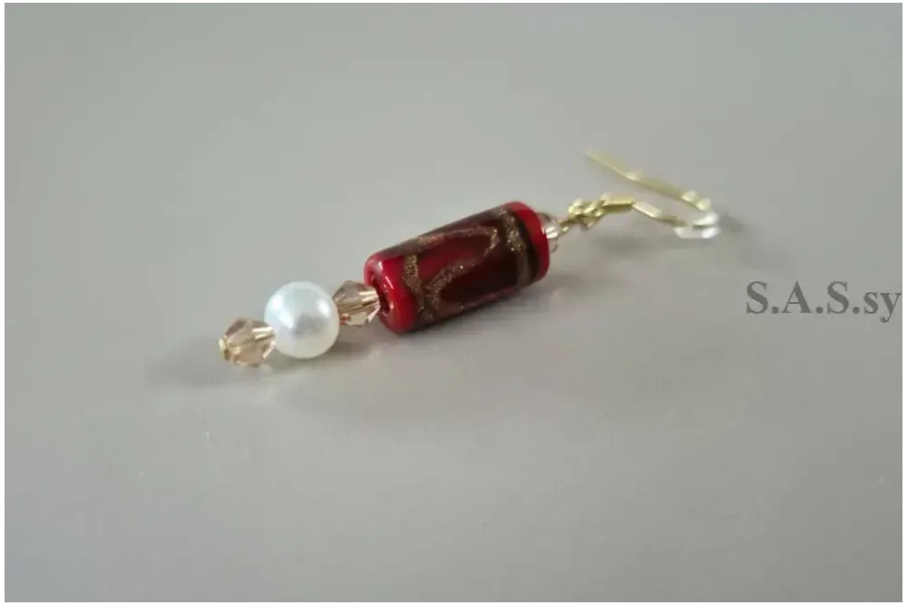 Red Pearl Drop Earrings - Red Glass Bead Crystal Dangle Earrings Gold - Sassy by Sharmin Aziz