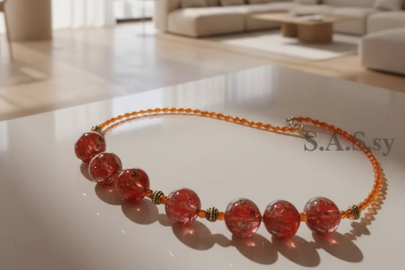 Large Red glass bead and Orange teardrop beaded Statement Necklace - Sassy by Sharmin Aziz