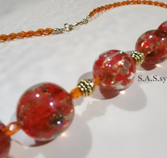 Large Red glass bead and Orange teardrop beaded Statement Necklace - Sassy by Sharmin Aziz