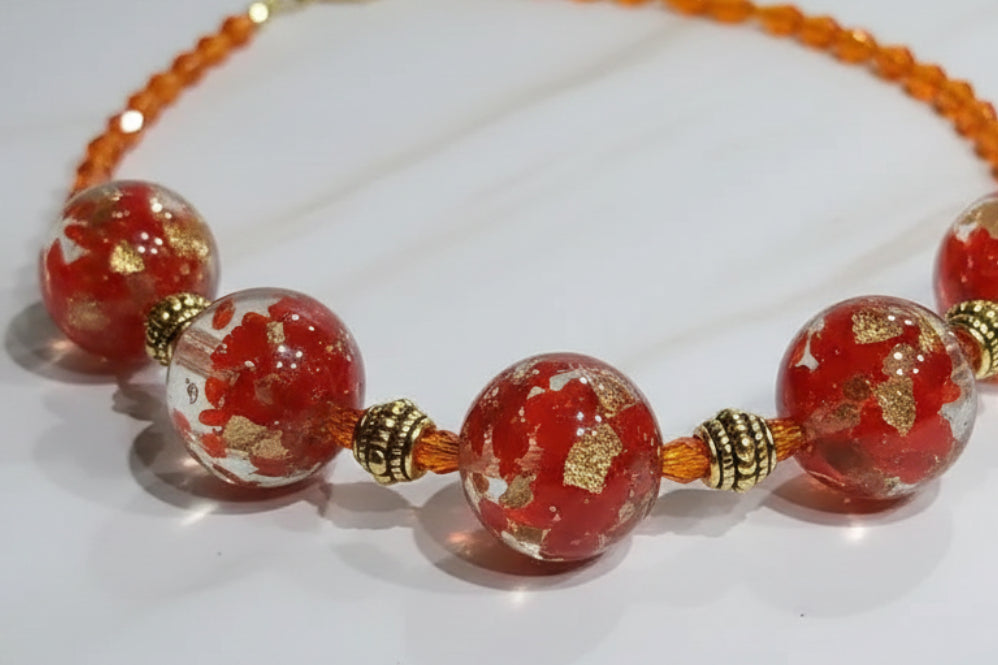 Large Red glass bead and Orange teardrop beaded Statement Necklace - Sassy by Sharmin Aziz