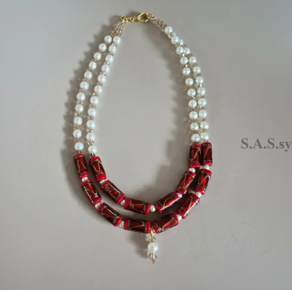 Deep Red Double Strand Necklace - Red Glass Pearl & Crystal Necklace - Sassy by Sharmin Aziz