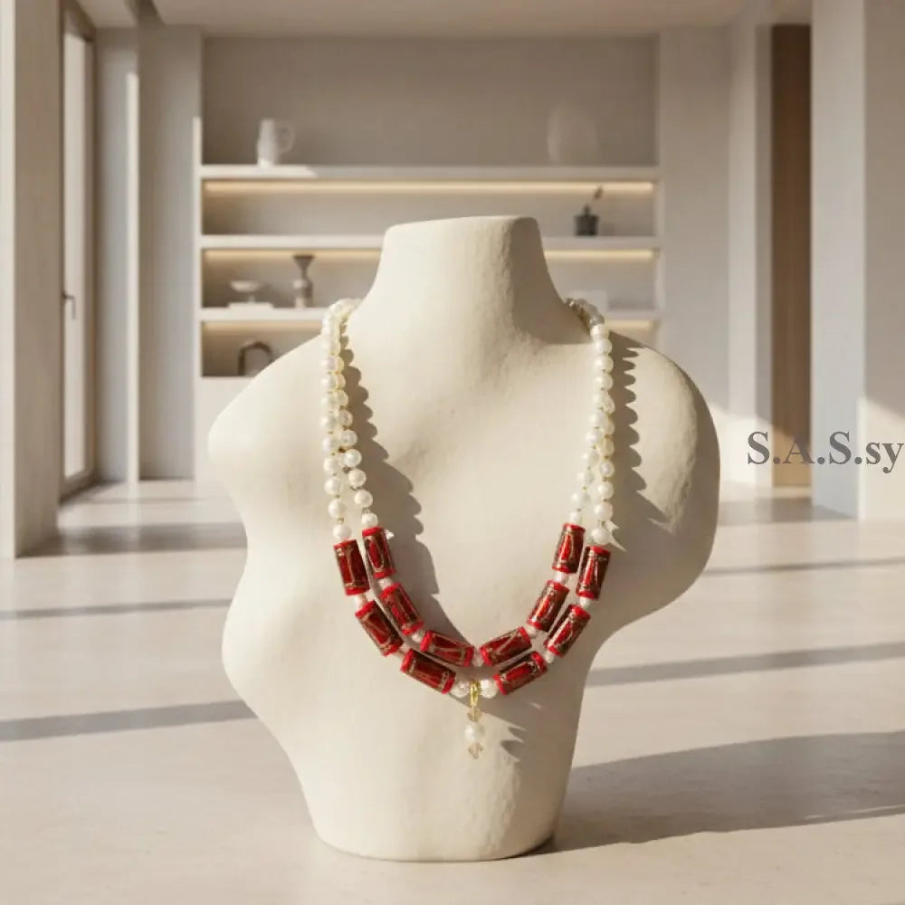 Deep Red Double Strand Necklace - Red Glass Pearl & Crystal Necklace - Sassy by Sharmin Aziz