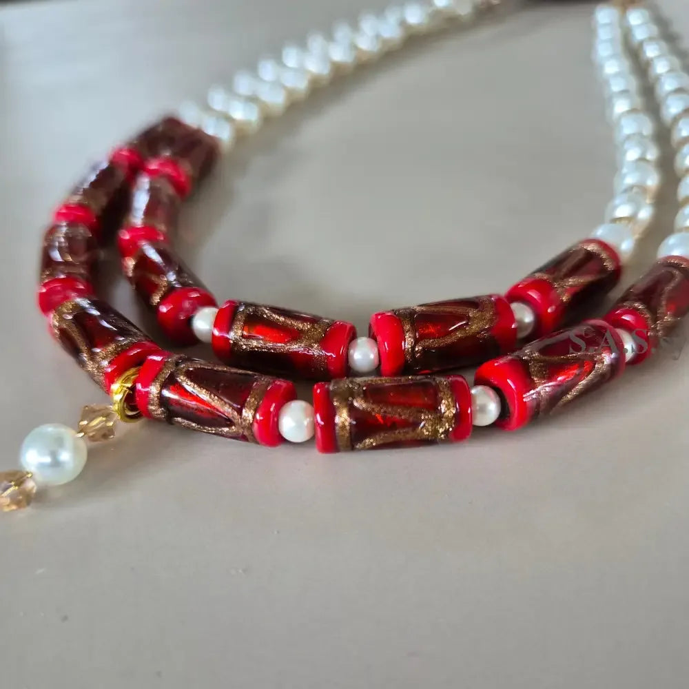 Deep Red Double Strand Necklace - Red Glass Pearl & Crystal Necklace - Sassy by Sharmin Aziz