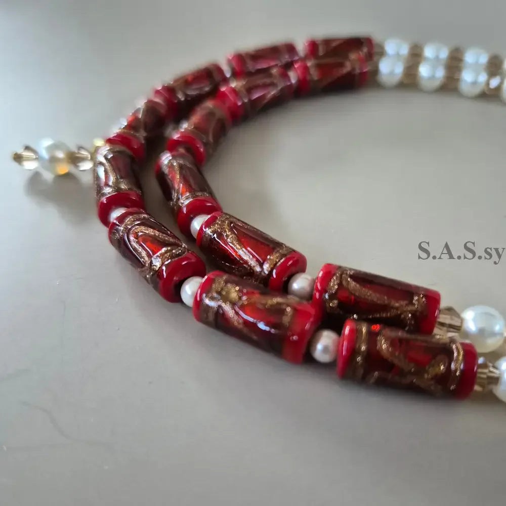 Deep Red Double Strand Necklace - Red Glass Pearl & Crystal Necklace - Sassy by Sharmin Aziz