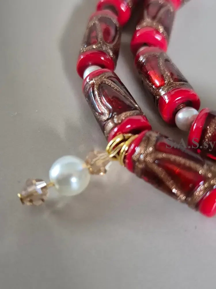 Deep Red Double Strand Necklace - Red Glass Pearl & Crystal Necklace - Sassy by Sharmin Aziz